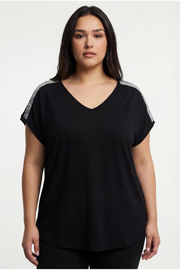 Women's Plus Size Black Blouse with Stones on the Shoulders
