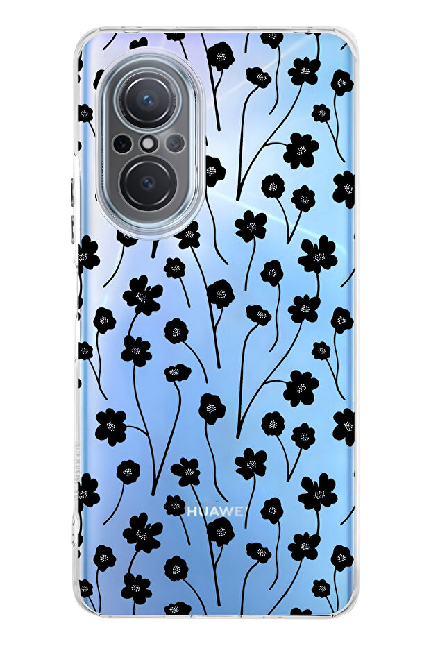 حافظة هاتف شفافة متوافقة مع هاتف هواوي نوفا 9 SE بنمط زهرة سوداء - 1