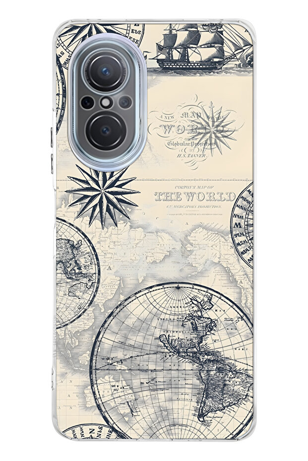 حافظة هاتف شفافة متوافقة مع هاتف هواوي نوفا 9 SE بنمط خريطة العالم والبوصلة - 1