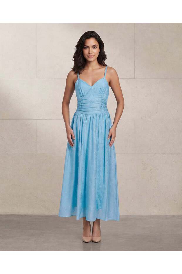 Women Pale Blue Silver Foil Printed Strappy Dress