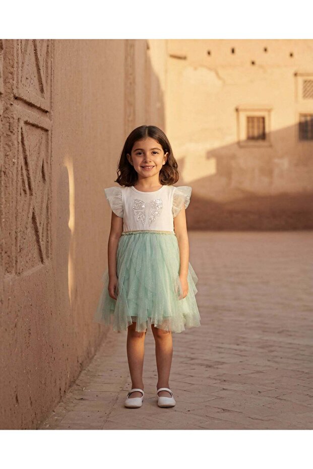 Girls White And Mint Twofer Ruffle Dress