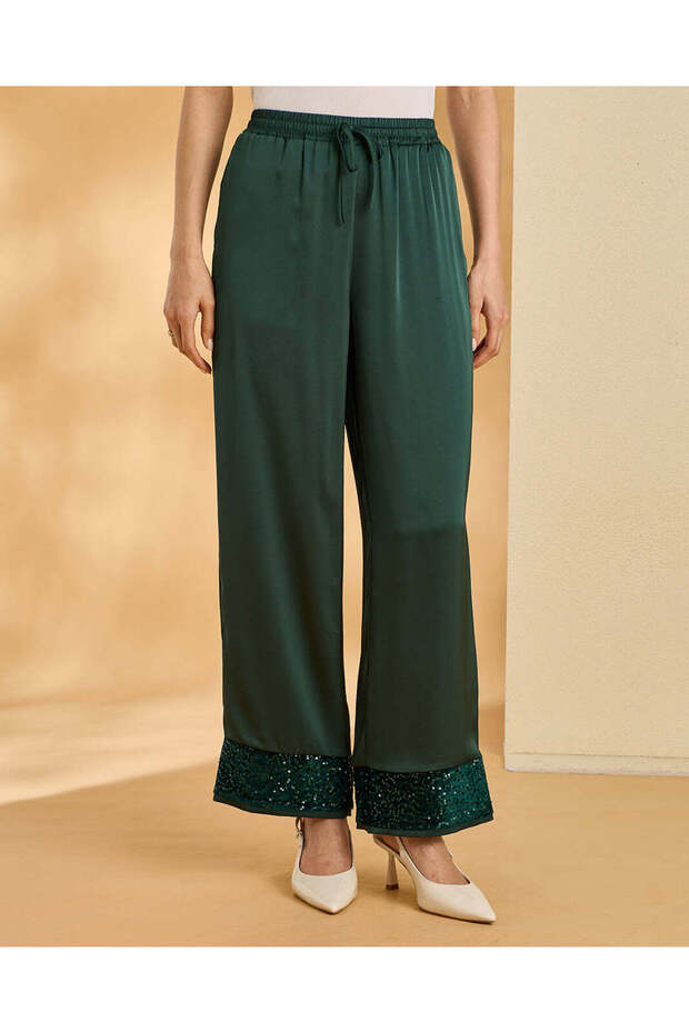 Women's Green Satin Wide Leg Pants with Sequinned Hem