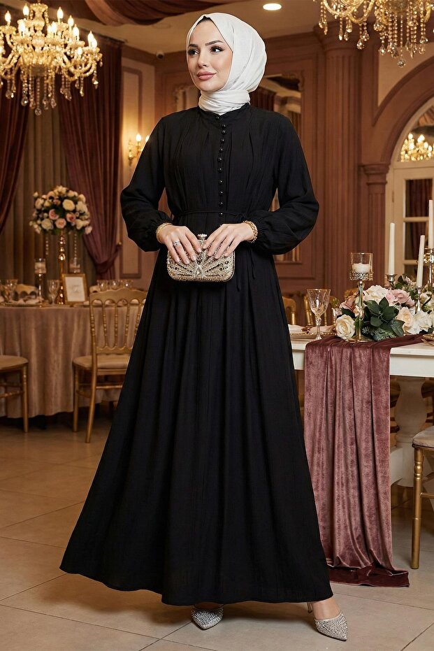 Esila Lace-Up Britli Hijab Dress Black Hm2884