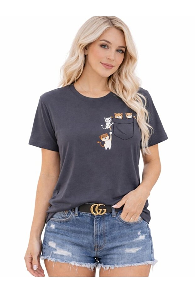 Women's Pocket Cute Cats Printed Cotton Oversize Relaxed Fit Stylish T-Shirt