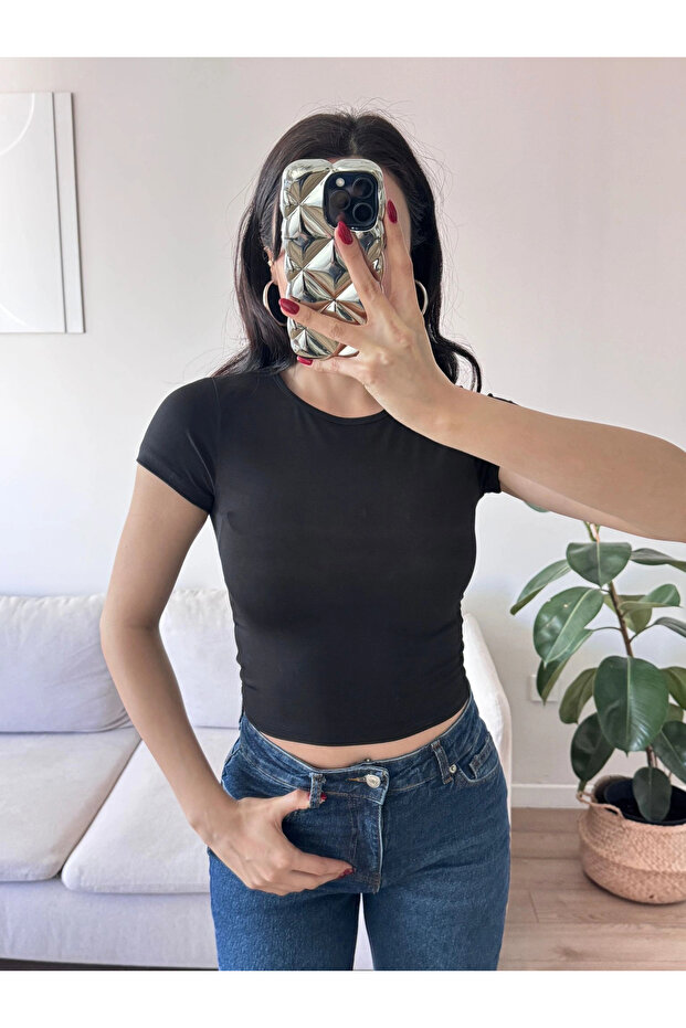 Kısa Kol Basic Crop - SİYAH - 5