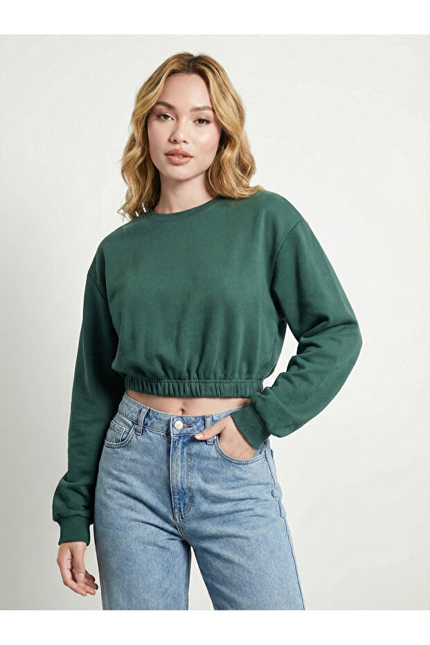 Women's Green Crew Neck Elastic Waist Crop Sweatshirt Jf10