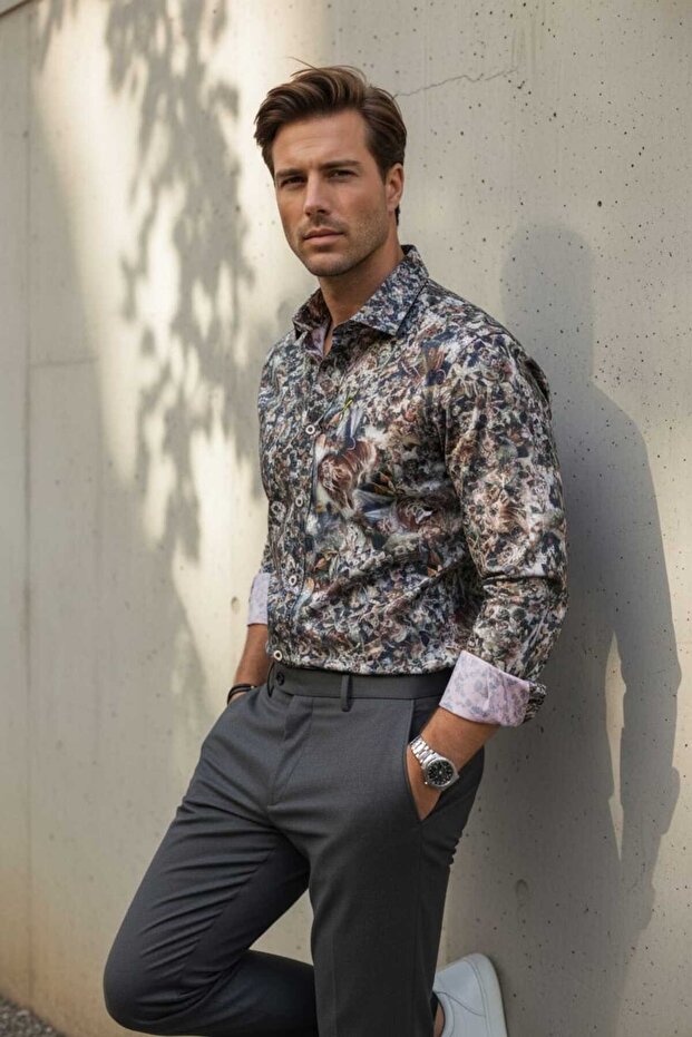 Lion Figures and Tropical Starflower Pattern Long Sleeve Men Shirt