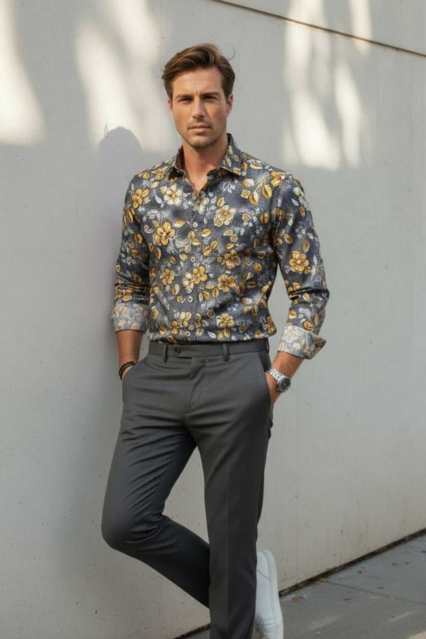Colorful Floral Patterned Long Sleeve Men's Shirt