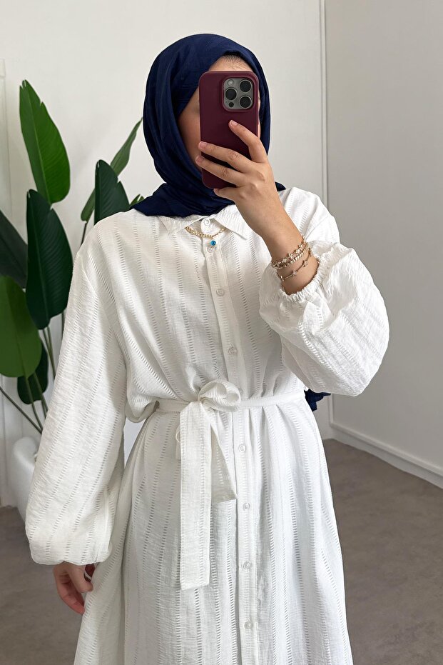 Düğmeli Elbise - Beyaz - 5