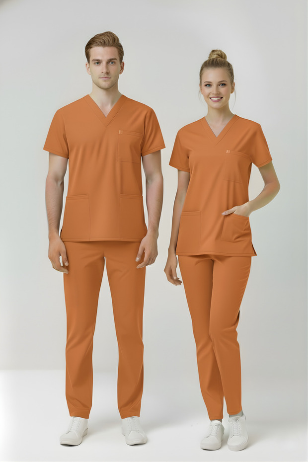 Orange Ocher Lycra Scrubs Doctor Nurse Uniform Bat Sleeve Set Unisex