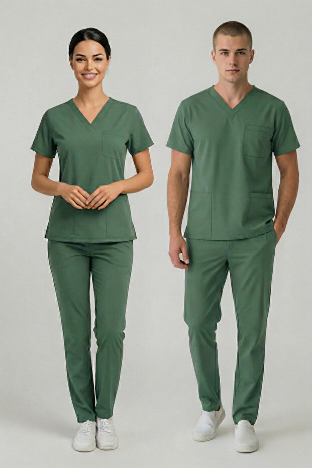Frosty Spruce Lycra Scrubs Doctor Nurse Uniform Bat Sleeve Set Unisex