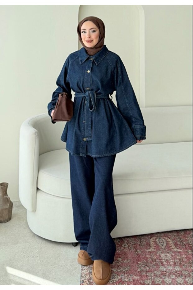 Women's Double Button Long Blouse Jeans Pants Set