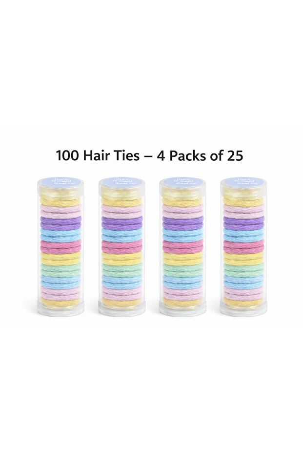 100 Hair Ties- 4 Packs of 25 – Soft Elastic Hair Bands in Assorted Colors – One Pack in Storage Tube