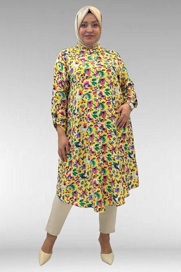 68014 Plus Size Hakimyaka Double Button Mango Tunic - Patterned Yellow