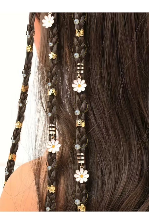 32Pcs Daisy Bohemian Style Hair Rings, Hair Earrings, Gold Color, Pearl Beads, Valentine's Day
