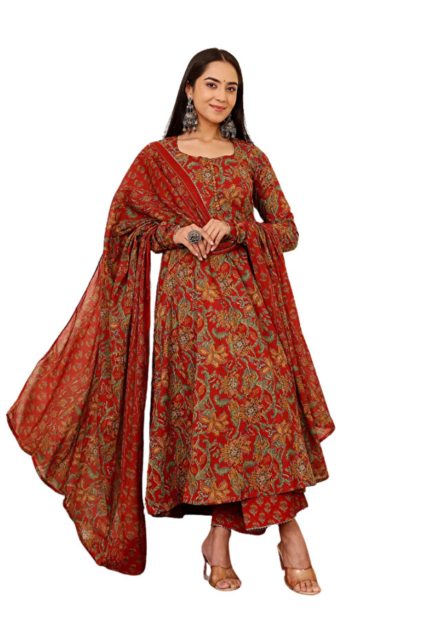 Red Viscose Rayon Kameez Salwar & Dupatta - VRN1025 | Red