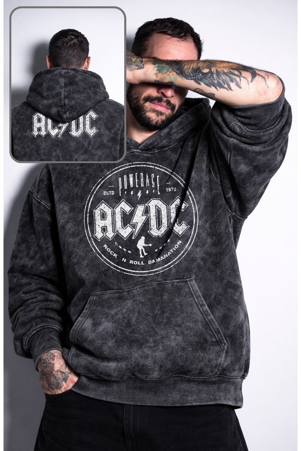 Unisex Ac-Dc Powerage Printed Hooded Washable Sweatshirt, Oversized Rock Band Themed Hoodie