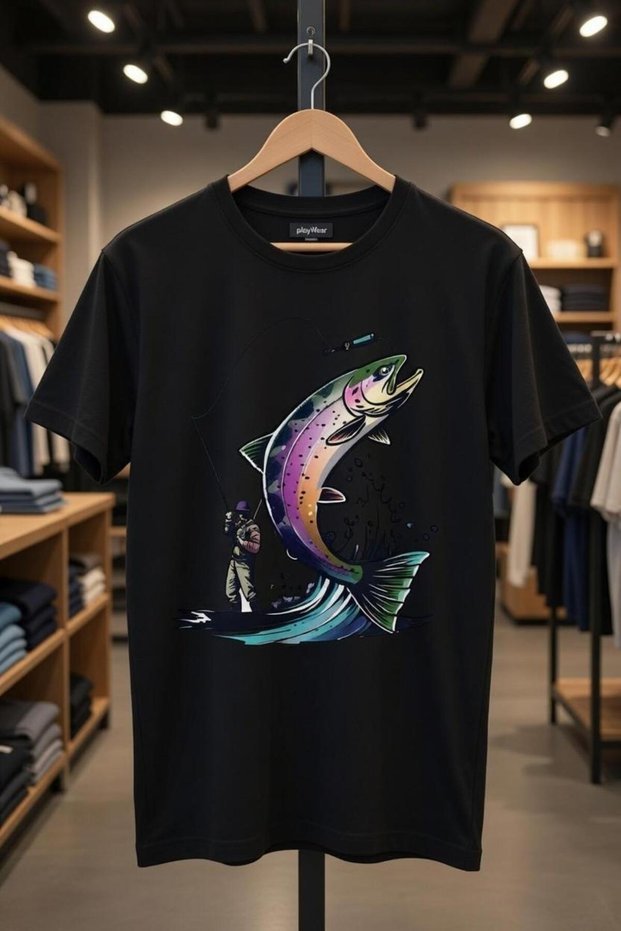 Fishing Printed Fishing T-Shirt with Fishing Rod for Catching Fish Pike Perch Regular Fit 100% Cotton T-Shirt