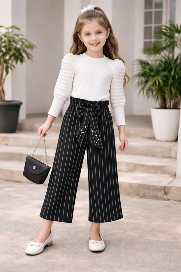 Bellarose 31902-26 Girl's 3 Piece Set | Burgundy Sleeveless Blouse, Striped Trousers and Bag