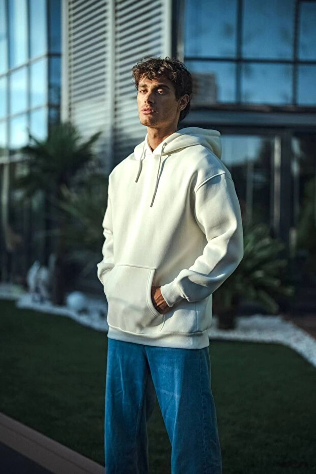 Three thread jersey hooded basic sweatshirt - white - 2