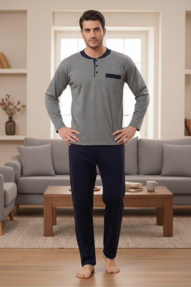Men's Gray Special Design Long Sleeve Buttoned 100% Cotton Oversized (Oversize) Pajama Set