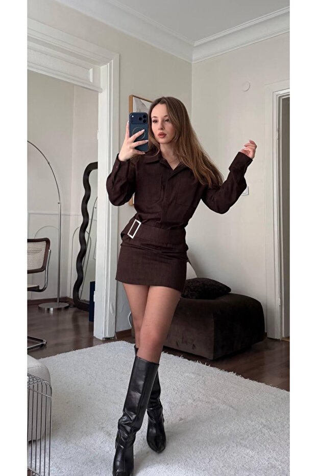 Kemerli Drapeli Denim Elbise - 2