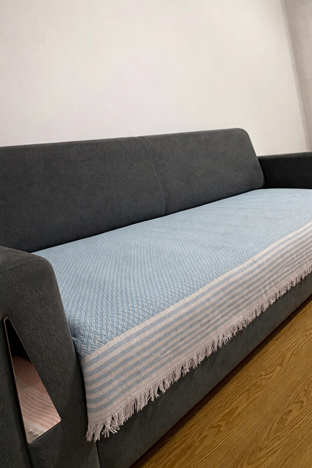 Geometric Patterned Cotton Sofa Seat Cover 85 x 210 cm - Line Detailed Fringed