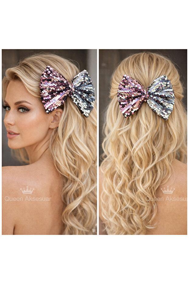 Luxury Design Shiny Sequin Sequined Automatic Clip-On Velvet Bow Hair Clip Pink Silver Gray