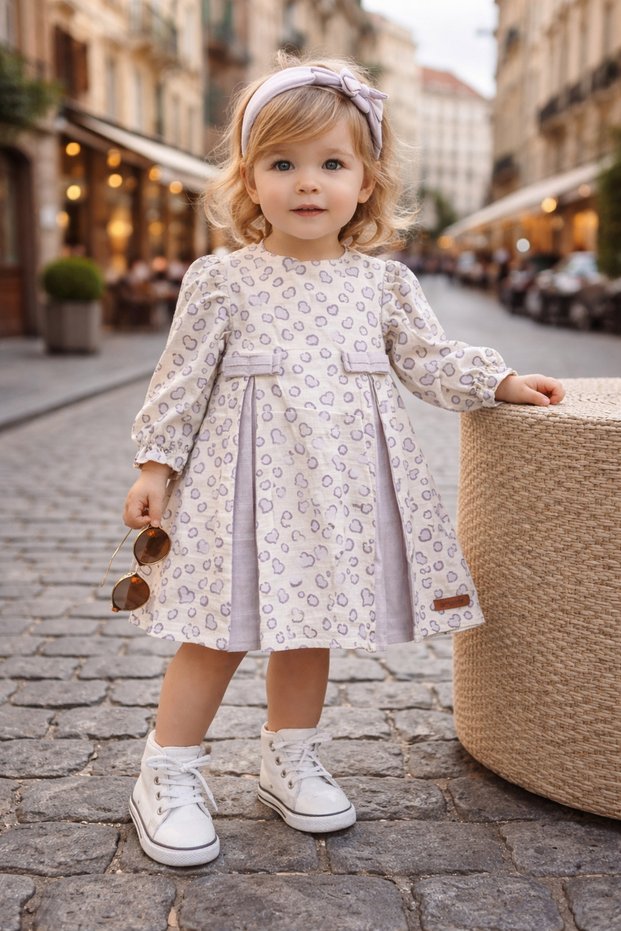 Baby Girl-Child Minimal Heart Patterned Front Pleated Lilac Dress 6-18 Months