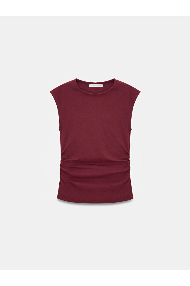 21054 Büzgülü Basic T-Shirt-Bordo - 5