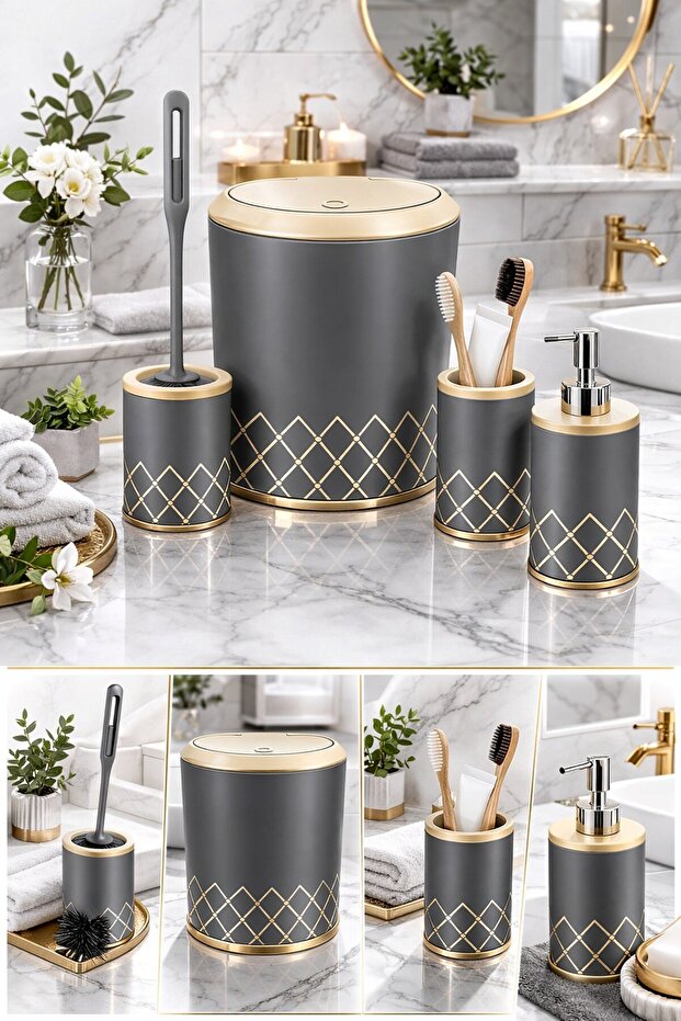 طقم حمام من 4 قطع بنمط هندسي متعرج - 3