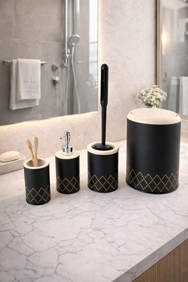 طقم حمام من 4 قطع بنمط هندسي متعرج - 3