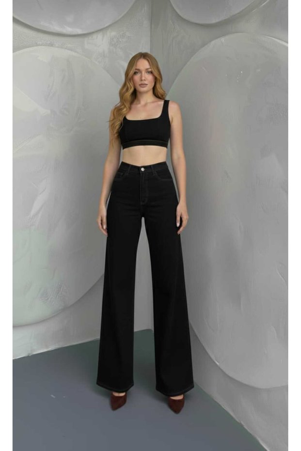 Carla Lycra Women's Black Super High Waist Loose Leg Denim Loose Palazzo Trousers