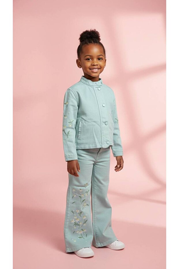 Flower Embroidered Denim Girls' Jacket and Pants Two-Piece Set