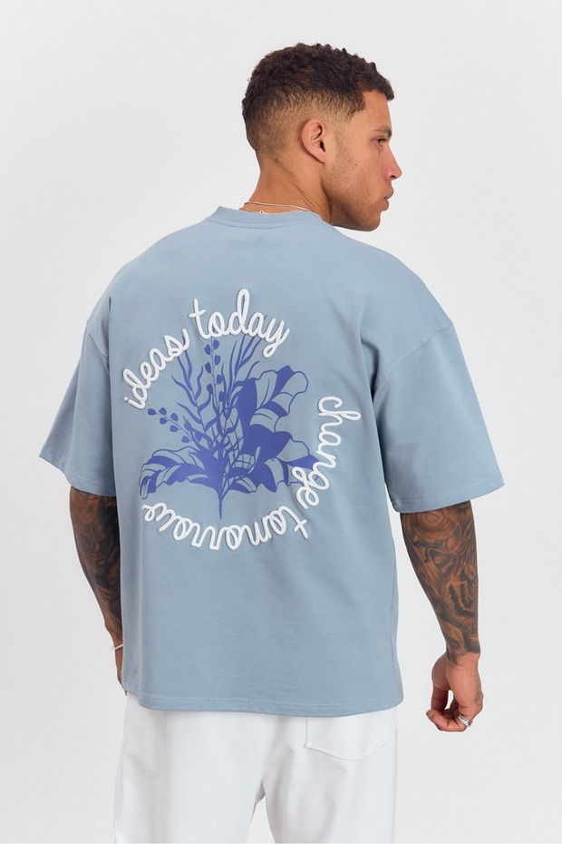 Men's Oversize Crew Neck Blue T-Shirt with Embroidery Detail Ls-36042