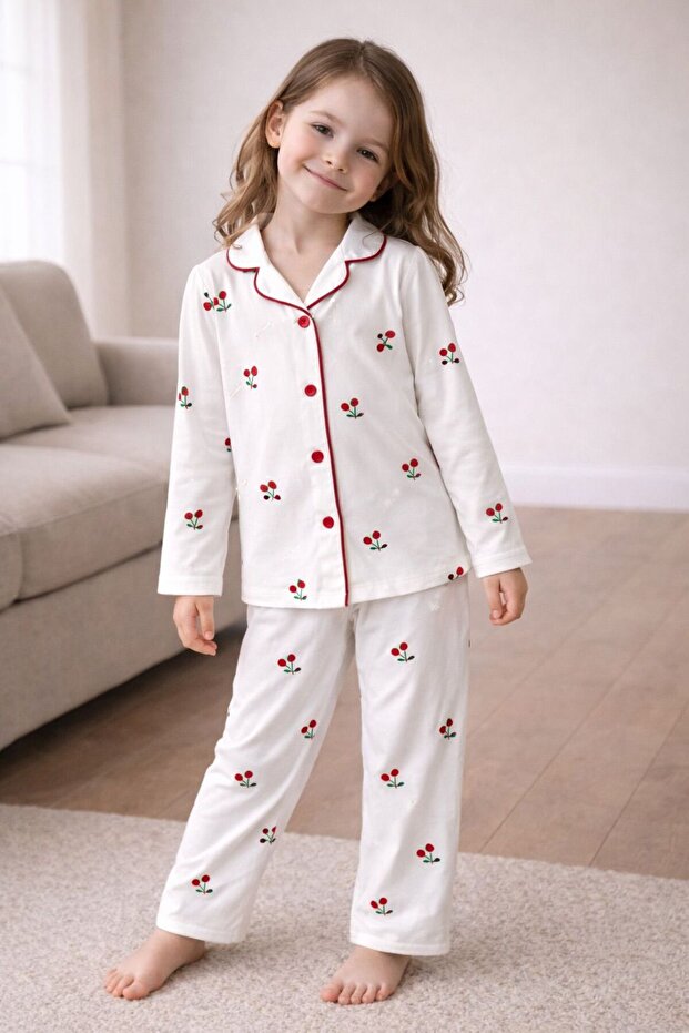 Girls' Pajama Set Summer Milan Fabric Cherry Pattern with Ruffle Detail Shirt Collar