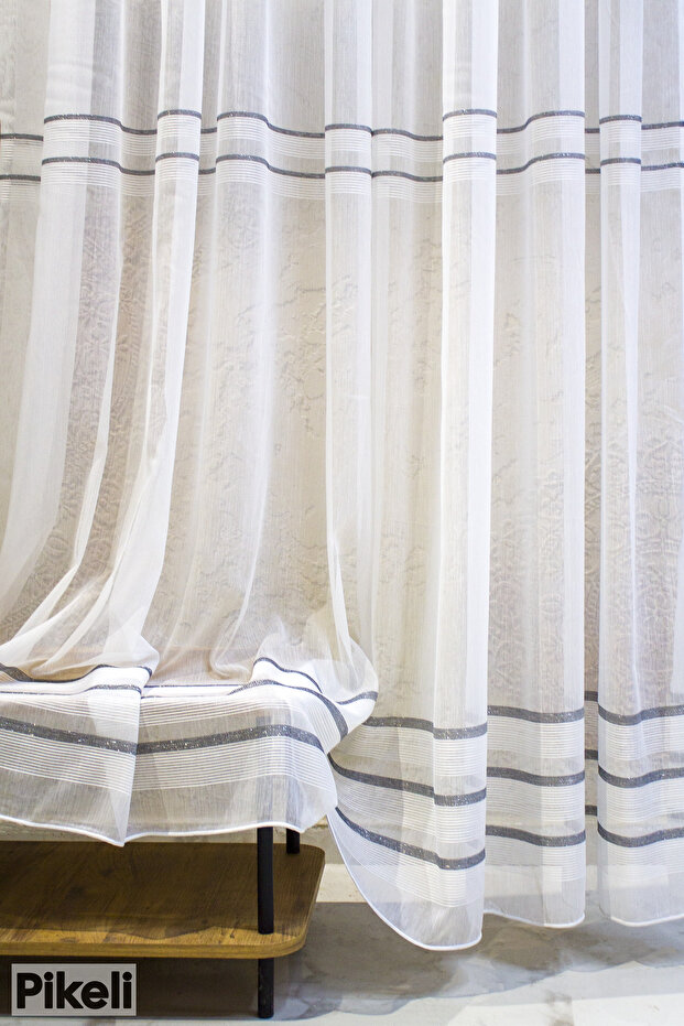 Anthracite Striped Bamboo Tulle Curtain - 1X3 Dense Pleats - Professional Installation