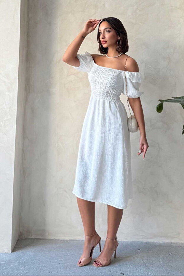 Gipeli Boat Neck Linen Dress - Cream | D2334 - Cream