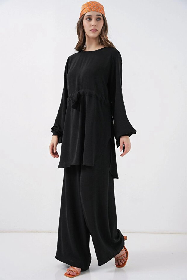 طقم تونيك طويل وبنطلون مزدوج 6719 - أسود - 3