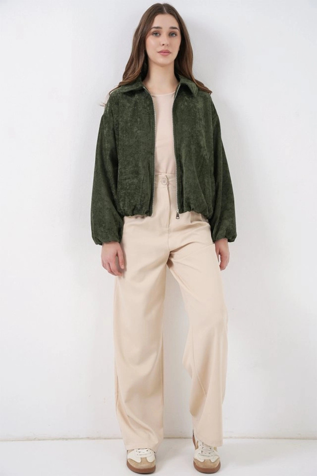 Drawstring Oversize Velvet Jacket 0733 - Khaki - 2