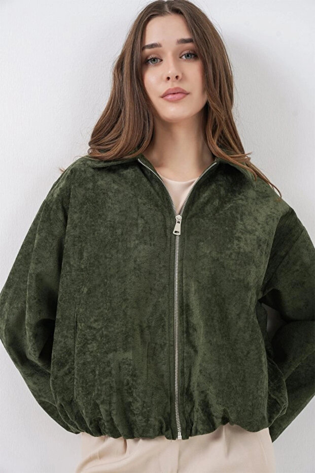Drawstring Oversize Velvet Jacket 0733 - Khaki - 4
