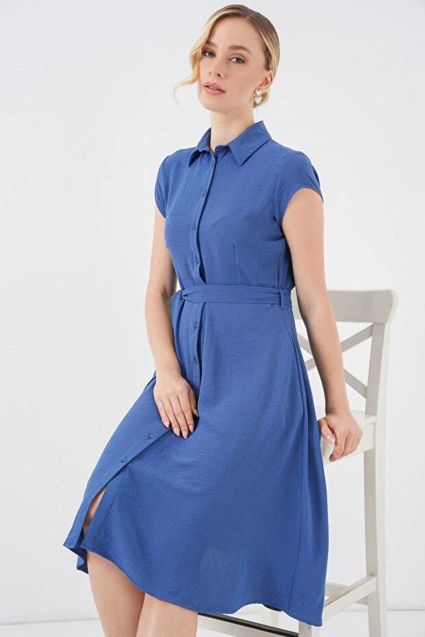 1677 Full Length Buttoned Belted Dress - Indigo - 1