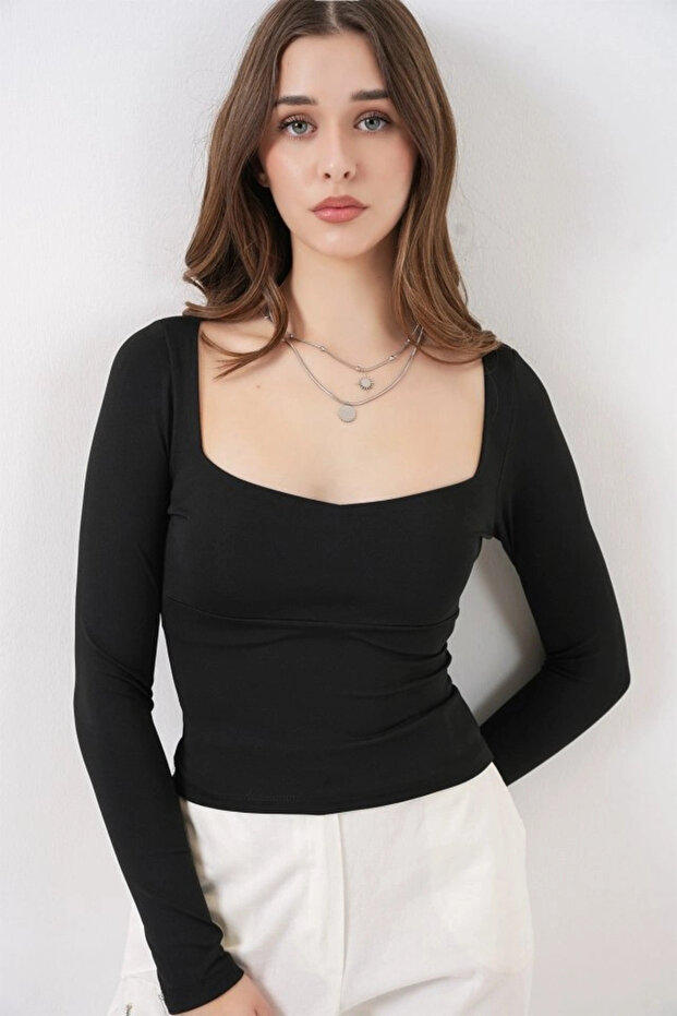 Square Neck Slim Fit Blouse 986 - Black - 1