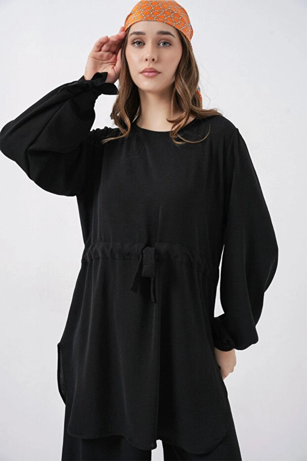 طقم تونيك طويل وبنطلون مزدوج 6719 - أسود - 2