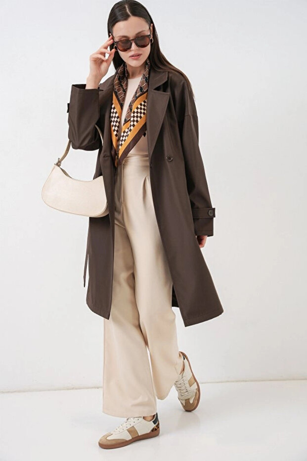 معطف طويل بياقة مزدوجة 5987 - بني - 2