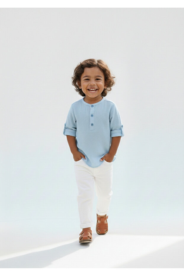 Baby Double Set White Gabardine Pants Muslin Blue Shirt