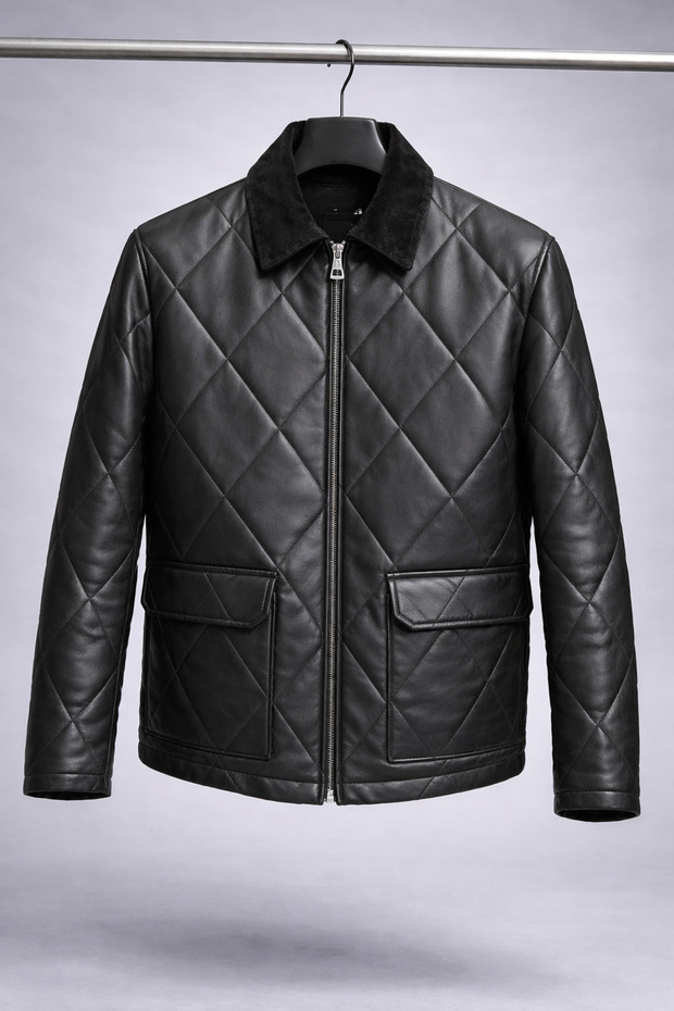 Velvet Collar Embroidered Genuine Leather Jacket