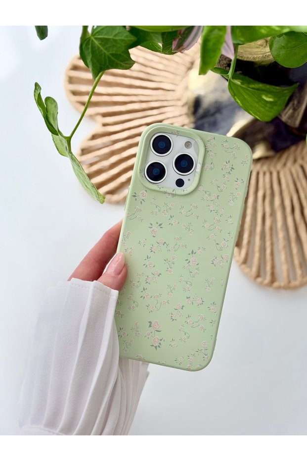 iPhone 16 Promax Compatible Printed Green Mini Flower Design Flexible Silicone Case