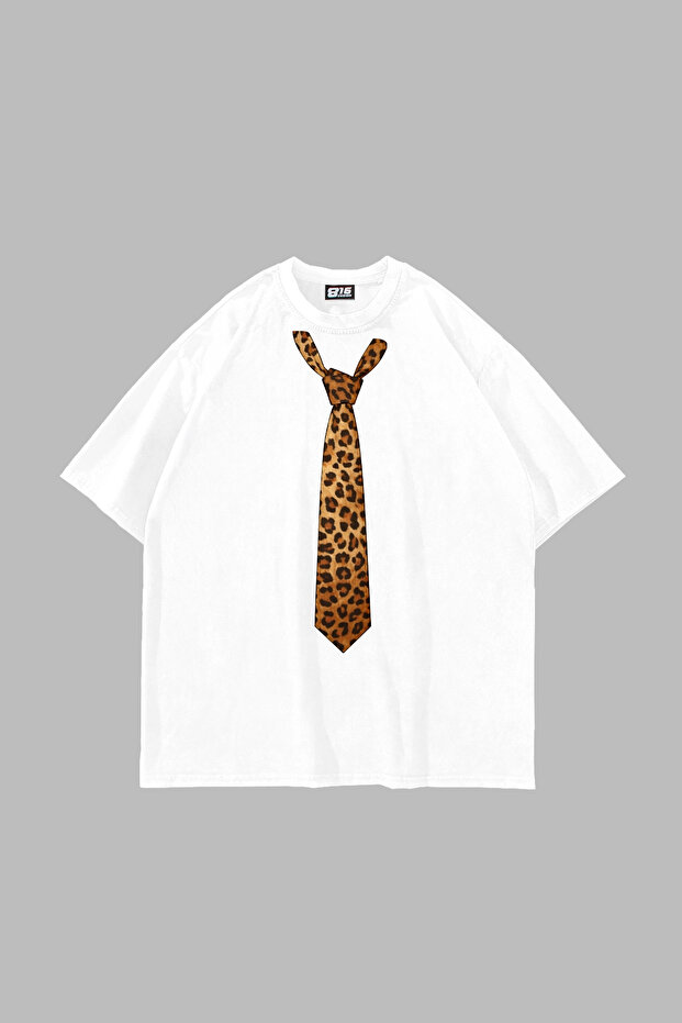 Tie Leopard Printed Oversize Unisex White Tshirt