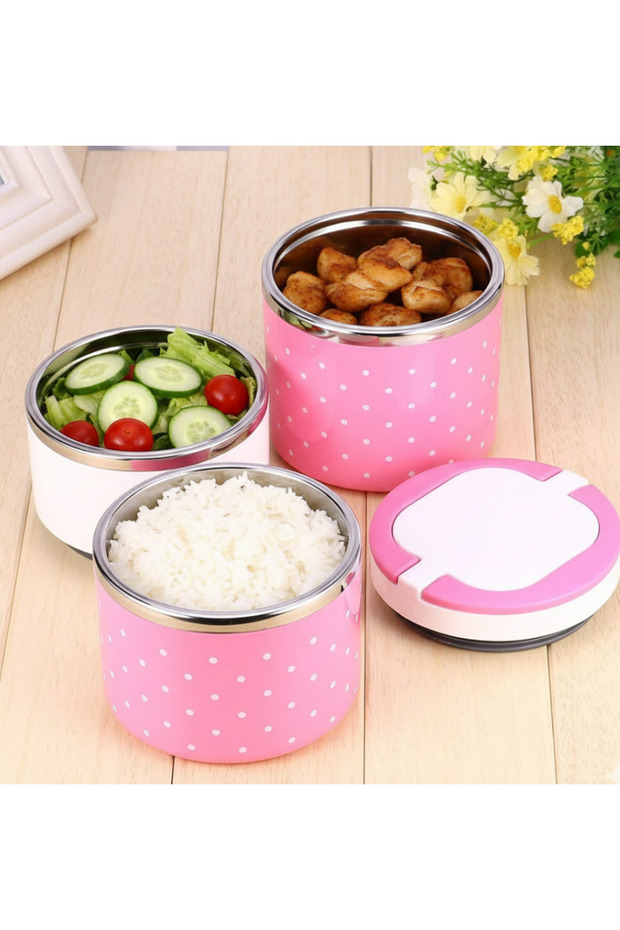 Practical and Stylish! 3-Tier Flower Patterned Lunch Box with Stainless Inner Container - 1.26 Liter Pink Storage Container